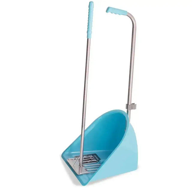 Light blue plastic dustpan with silver metal handle and grip in red gorilla tubtrug tidee rake mucking out set