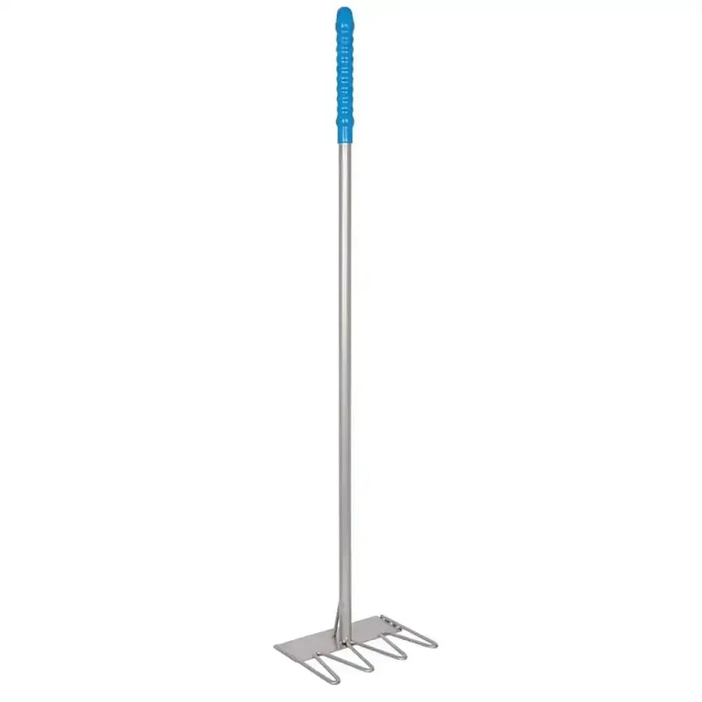 Silver metal garden rake with bright blue grip handle and four tines in red gorilla tubtrug tidee rake design