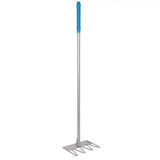 Silver metal garden rake with bright blue grip handle and four tines in red gorilla tubtrug tidee rake design