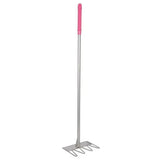 Pink-handled metal garden rake with silver shaft and four tines for red gorilla tubtrug tidee rake use