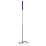 Silver metal garden rake with purple grip handle and four tines from red gorilla tubtrug tidee rake collection