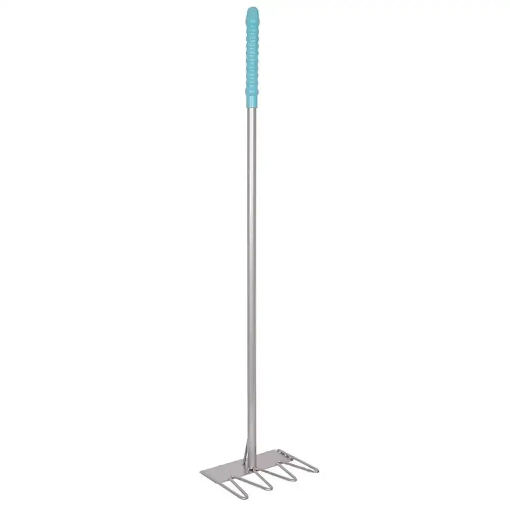 Silver metal garden rake with light blue textured grip handle from red gorilla tubtrug tidee rake collection