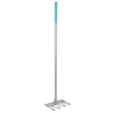 Silver metal garden rake with light blue textured grip handle from red gorilla tubtrug tidee rake collection