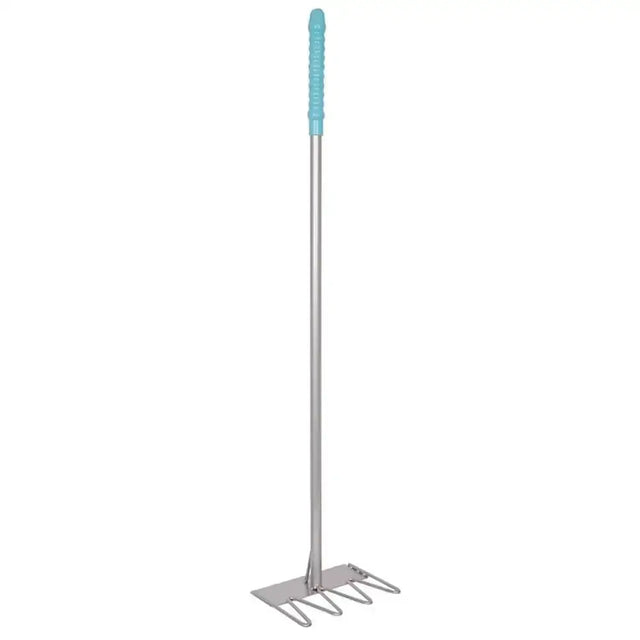 Silver metal garden rake with light blue textured grip handle from red gorilla tubtrug tidee rake collection