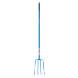 Blue metal tubular manure fork with four tines and looped handle from red gorilla lightweight manure fork line