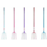 Five colorful lightweight tubular manure forks with long handles including the red gorilla tubular manure fork