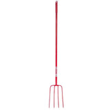 Red gorilla tubular manure fork with four red metal tines and a lightweight 48 inch long shaft handle