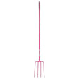 Pink metal lightweight tubular manure fork with four tines and looped handle from red gorilla tubular manure line