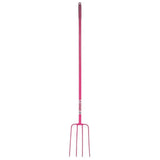 Pink metal lightweight tubular manure fork with four tines and looped handle from red gorilla tubular manure line
