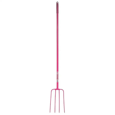 Pink metal lightweight tubular manure fork with four tines and looped handle from red gorilla tubular manure line