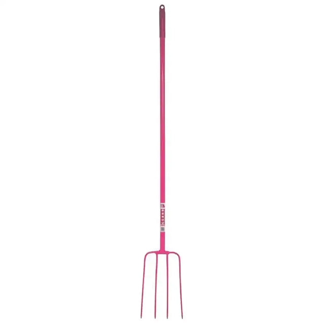 Pink metal lightweight tubular manure fork with four tines and looped handle from red gorilla tubular manure line