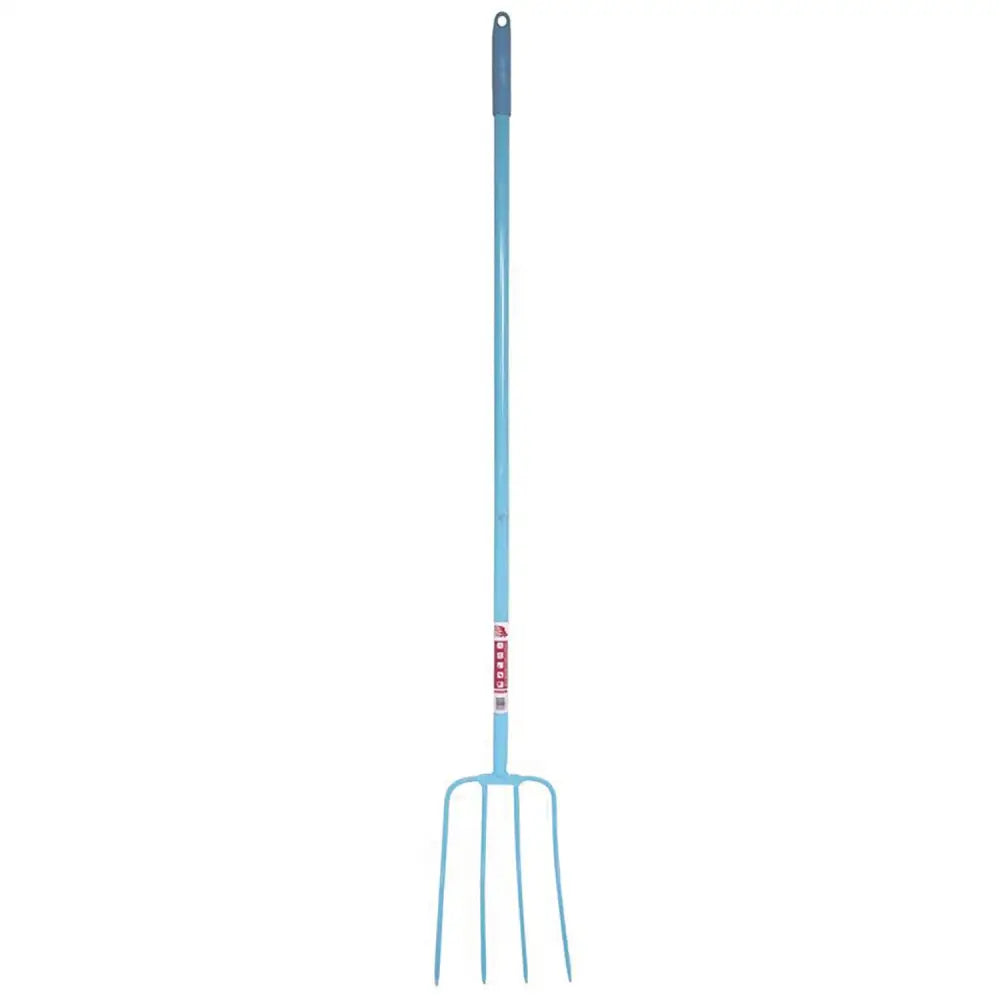 Light blue metal tubular manure fork with dark blue grip and red gorilla branding label on 48 inch long shaft