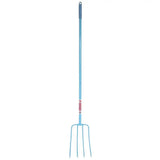 Light blue metal tubular manure fork with dark blue grip and red gorilla branding label on 48 inch long shaft