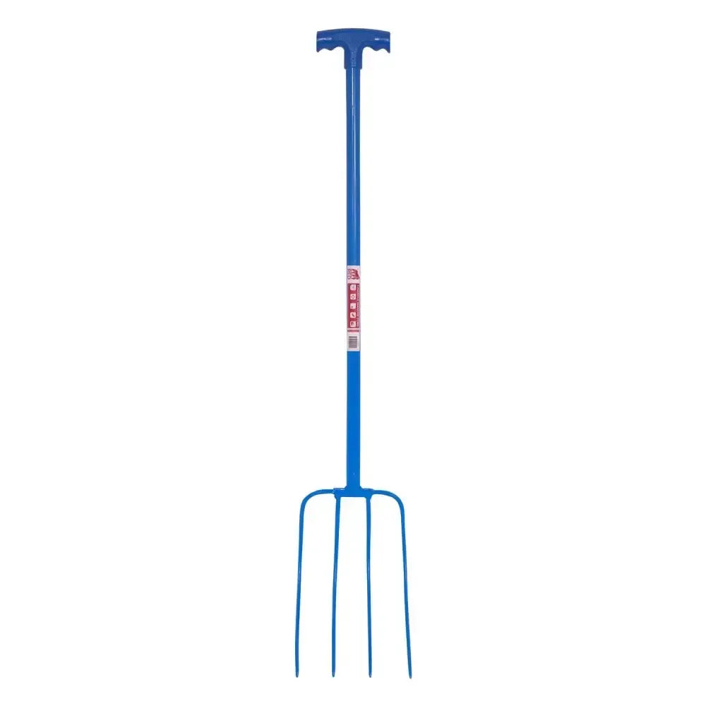 Red Gorilla Tubular Manure Fork 4 Prong T-Handle Blue Forks
