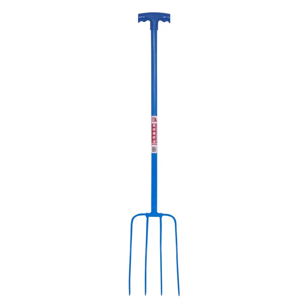 Blue lightweight manure fork with tubular steel shaft and t-handle designed for red gorilla tubular manure fork use