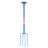 Blue lightweight manure fork with tubular steel shaft and t-handle designed for red gorilla tubular manure fork use