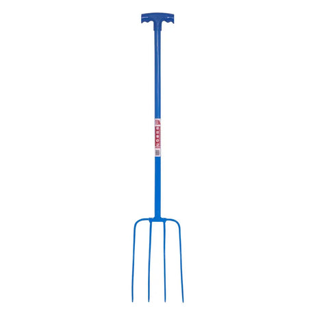 Blue lightweight manure fork with tubular steel shaft and t-handle designed for red gorilla tubular manure fork use
