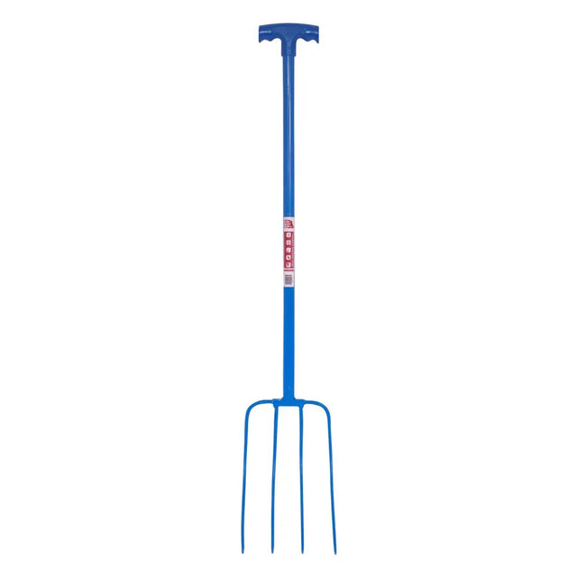 Blue lightweight manure fork with tubular steel shaft and t-handle designed for red gorilla tubular manure fork use