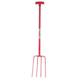 Red gorilla tubular manure fork with lightweight tubular steel shaft and four tines t-handle design