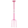 Pink red gorilla tubular manure fork with t-handle and four tines lightweight tubular steel shaft garden tool