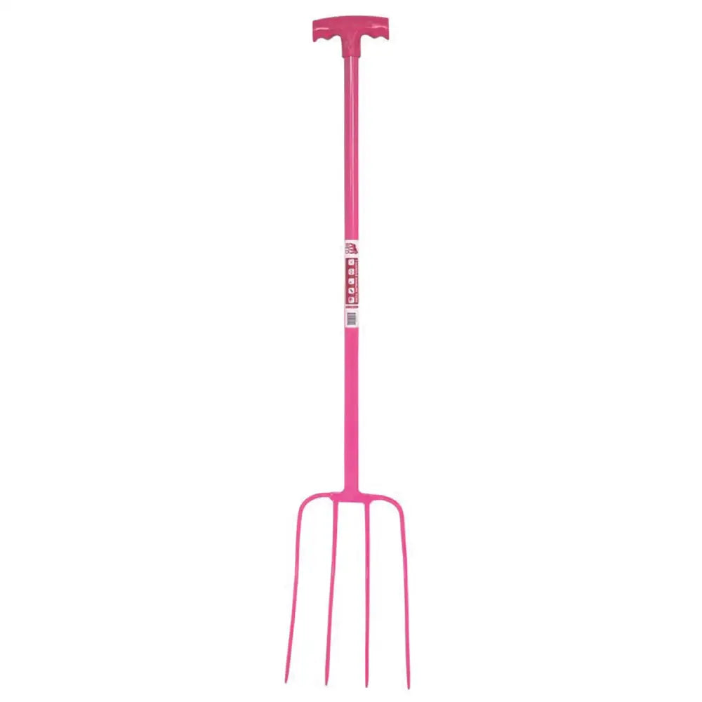 Pink red gorilla tubular manure fork with t-handle and four tines lightweight tubular steel shaft garden tool