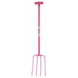 Pink red gorilla tubular manure fork with t-handle and four tines lightweight tubular steel shaft garden tool