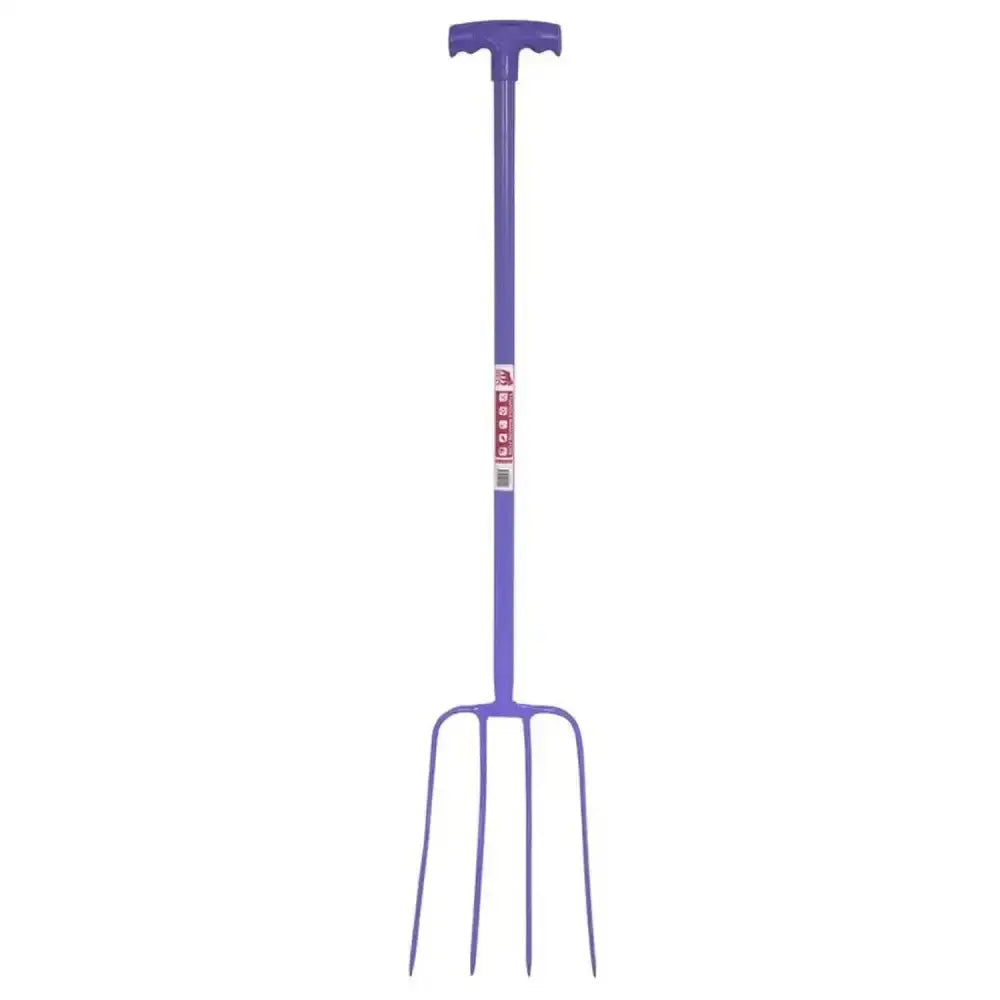 Purple garden fork with t-handle and four tines made of tubular steel shaft for lightweight manure fork use