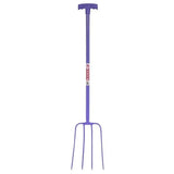 Purple garden fork with t-handle and four tines made of tubular steel shaft for lightweight manure fork use