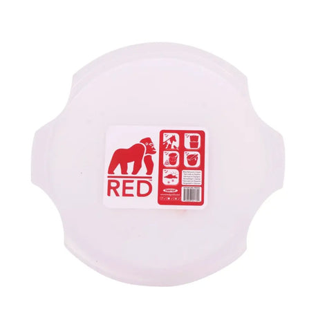 White plastic round bowl with red gorilla feed logo and care label for gorilla feed bucket ultimate stackable storage
