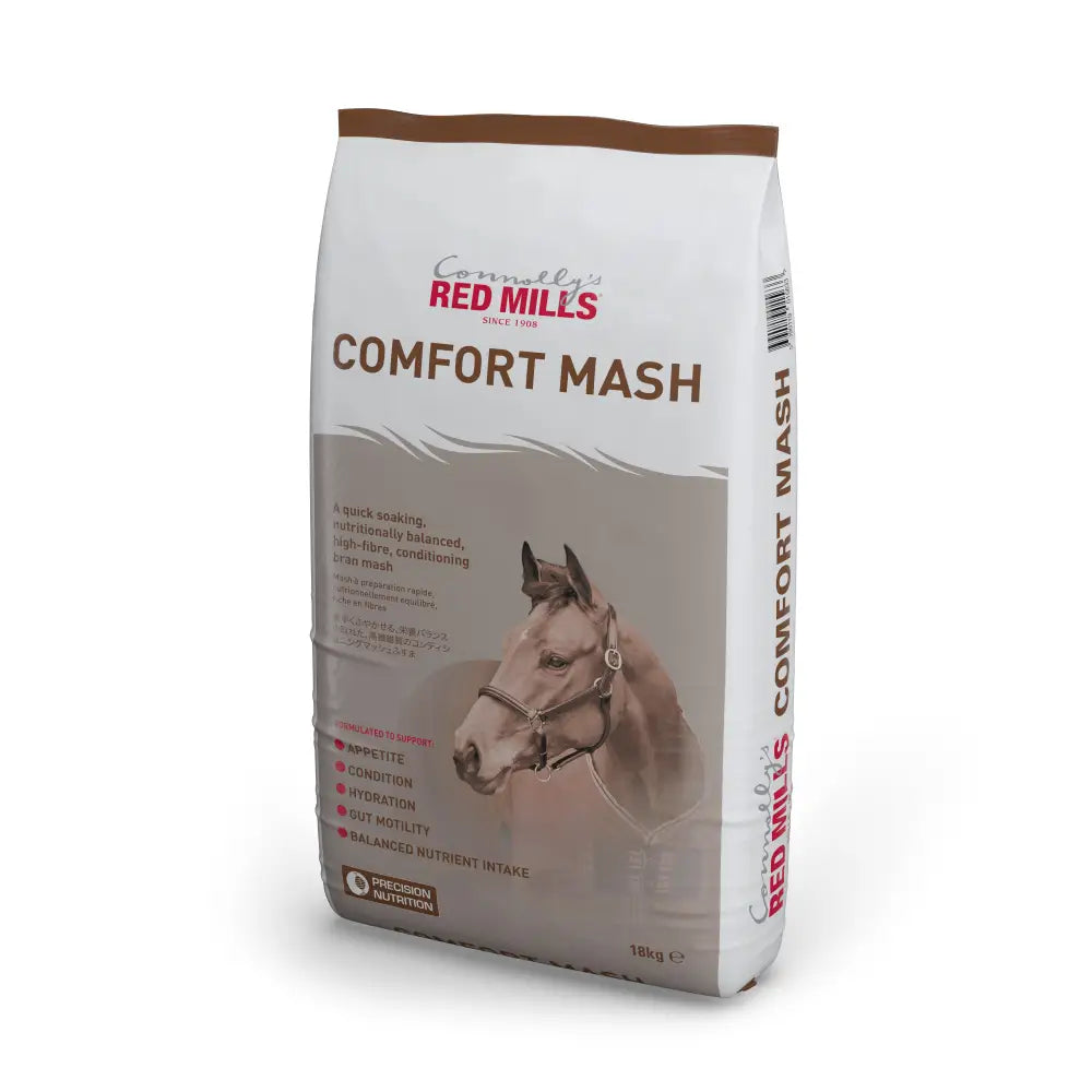 A 15kg bag of connollys red mills comfort mash horse feed with 800iu kg vitamin in white and brown packaging