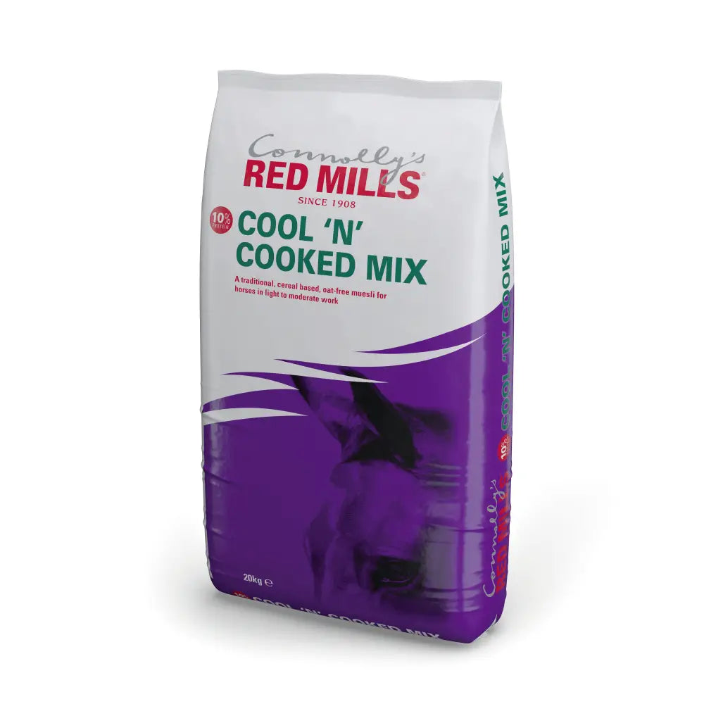 A 20kg bag of red mills cool and cooked mix for leisure horses promoting optimum digestion in white and purple packaging