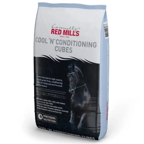 Red mills cool n conditioning cubes 20 kg cereal grain free horse feed in black and light blue bag with dark horse image