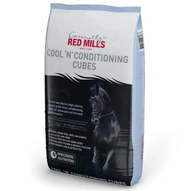 Red mills cool n conditioning cubes 20 kg cereal grain free horse feed in black and light blue bag with dark horse image