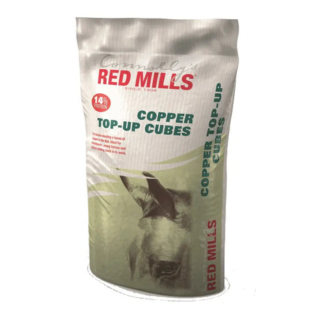 Red mills copper top up cubes 14 percent 20 kg in white green bag with horse image including vitamin for souroyal canine
