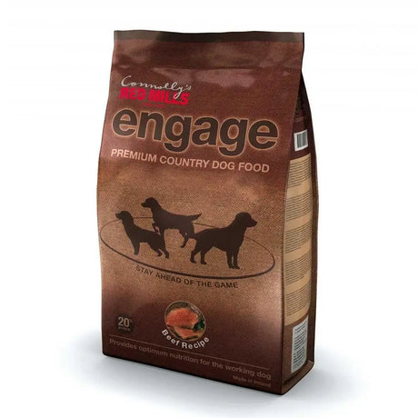 Brown bag of red mills engage beef 15 kg high meat content dog food with dog silhouettes for healthy condition use