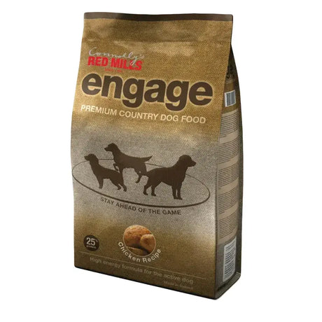 Brown bag of red mills engage chicken 15 kg premium dog food with dog silhouettes for highly active working dogs