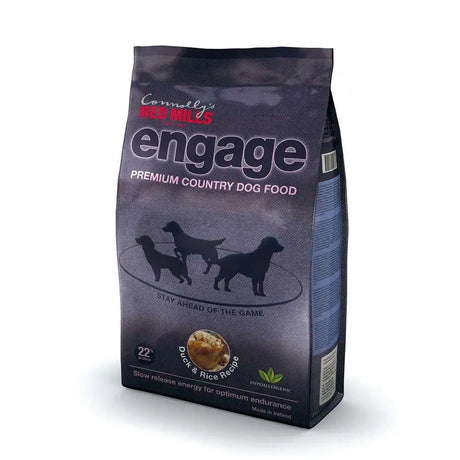 Dark gray bag of red mills engage duck & rice 15 kg dog food with dog silhouettes for a hypoallergenic diet