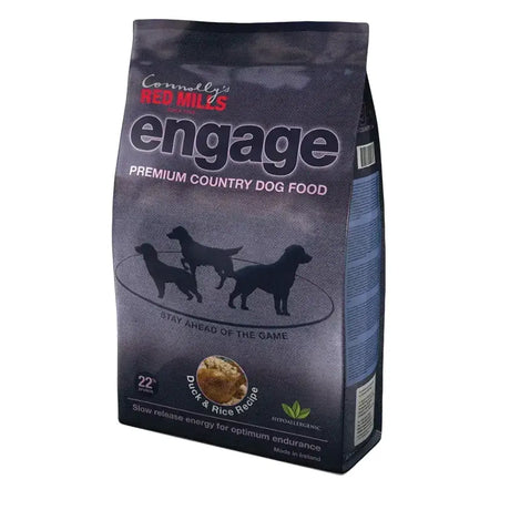 Dark gray bag of connollys red mills engage premium country dog food with mills engage duck and rice recipe 3 kg