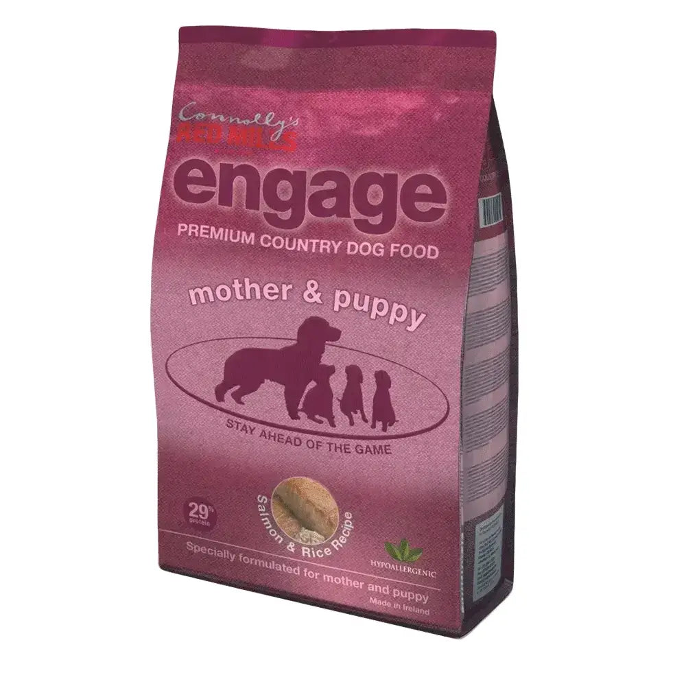 A pink bag of red mills engage mother premium dog food with salmon and rice recipe for lactating bitches and puppies