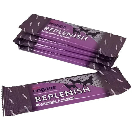 Purple and dark gray foil-wrapped red mills engage replenish bar 40x50g dog treats with dog silhouettes on packaging