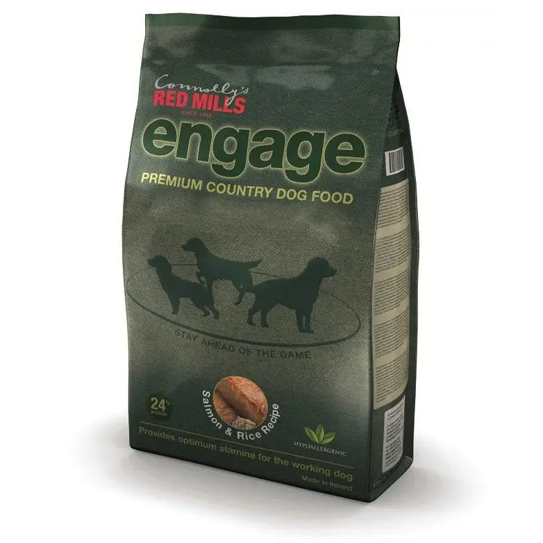 Dark green bag of red mills engage salmon & rice premium country dog food with dog silhouettes for working season