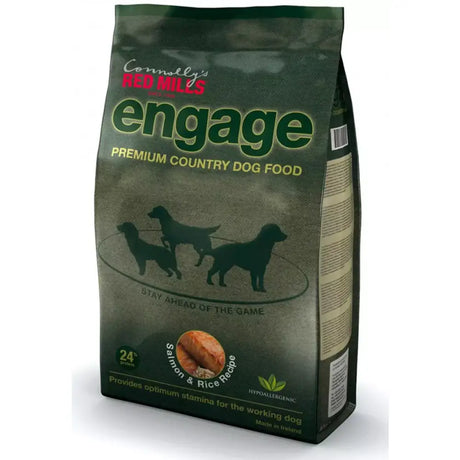 Dark green bag of red mills engage salmon and rice 3 kg premium dog food with three dog silhouettes
