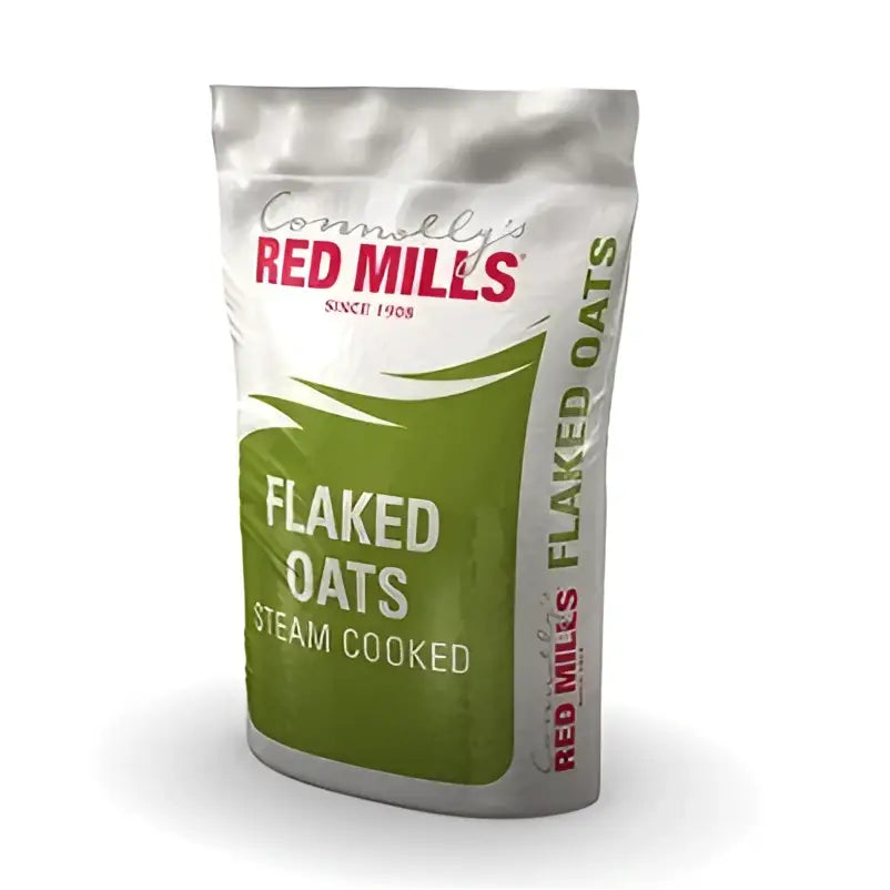 A silver and green package of connollys red mills flaked oats steam flaked oats in a 25 kg bag