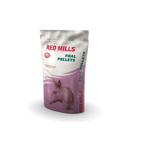 Red mills foal pellets 20 kg bag in purple and white with young horse image for bone strength and growth