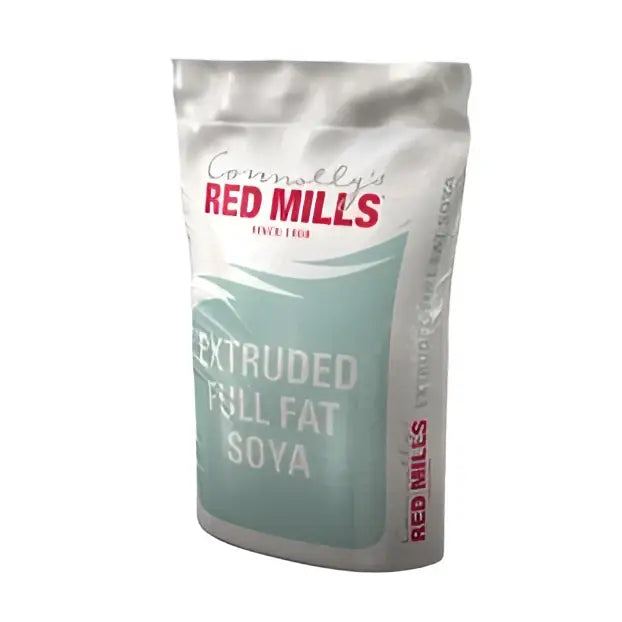 A 25 kg bag of red mills extruded full fat soya in a silver and teal pouch with bold red branding for souroyal canine