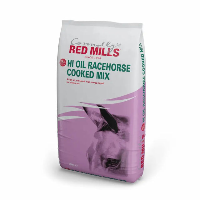Connollys red mills hioil raceh cook mix 15% 20kg bag purple white packaging with horse image and soya bean content