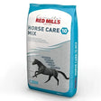 Blue and white bag of red mills horse care 10 mix 20 kg with black horse illustration high fibre mills horse care