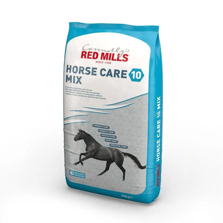 A blue and white bag of connollys red mills horse care 10 mix featuring a black horse illustration for muscle function