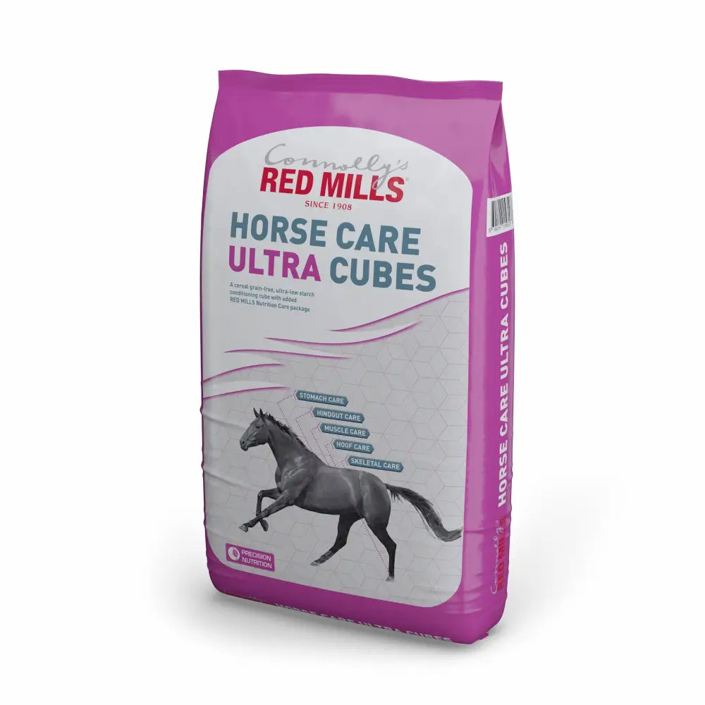 A vibrant purple bag of red mills horse care ultra cubes 20 kg with a black horse illustration and white text