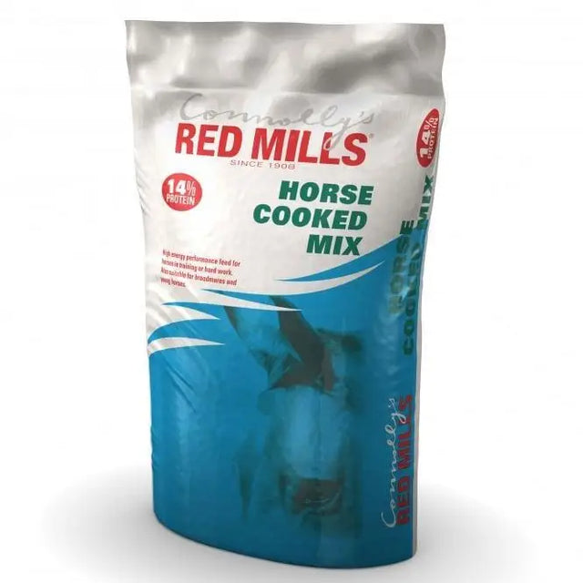 A blue and white resealable bag of connollys red mills horse cooked mix high energy oat feed 14 percent protein 25 kg
